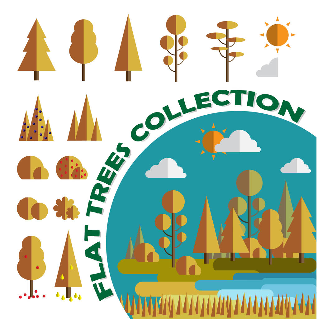 设置。树木和灌木丛。平，游戏，应用矢量图。分离