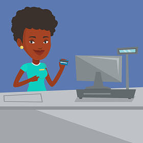 收银员结账时持有信用卡.照片