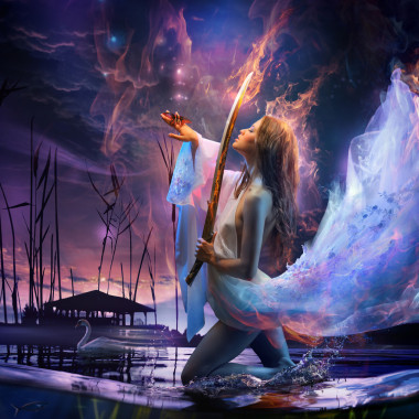 幻想藝術(shù)美少女舉行魔法劍和讓一只走到天空的熱帶紅蝴蝶