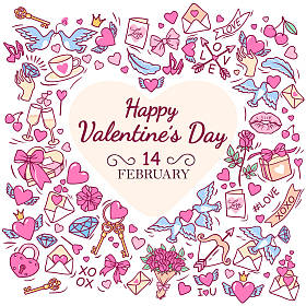 与心脏周围的浪漫符号贺卡