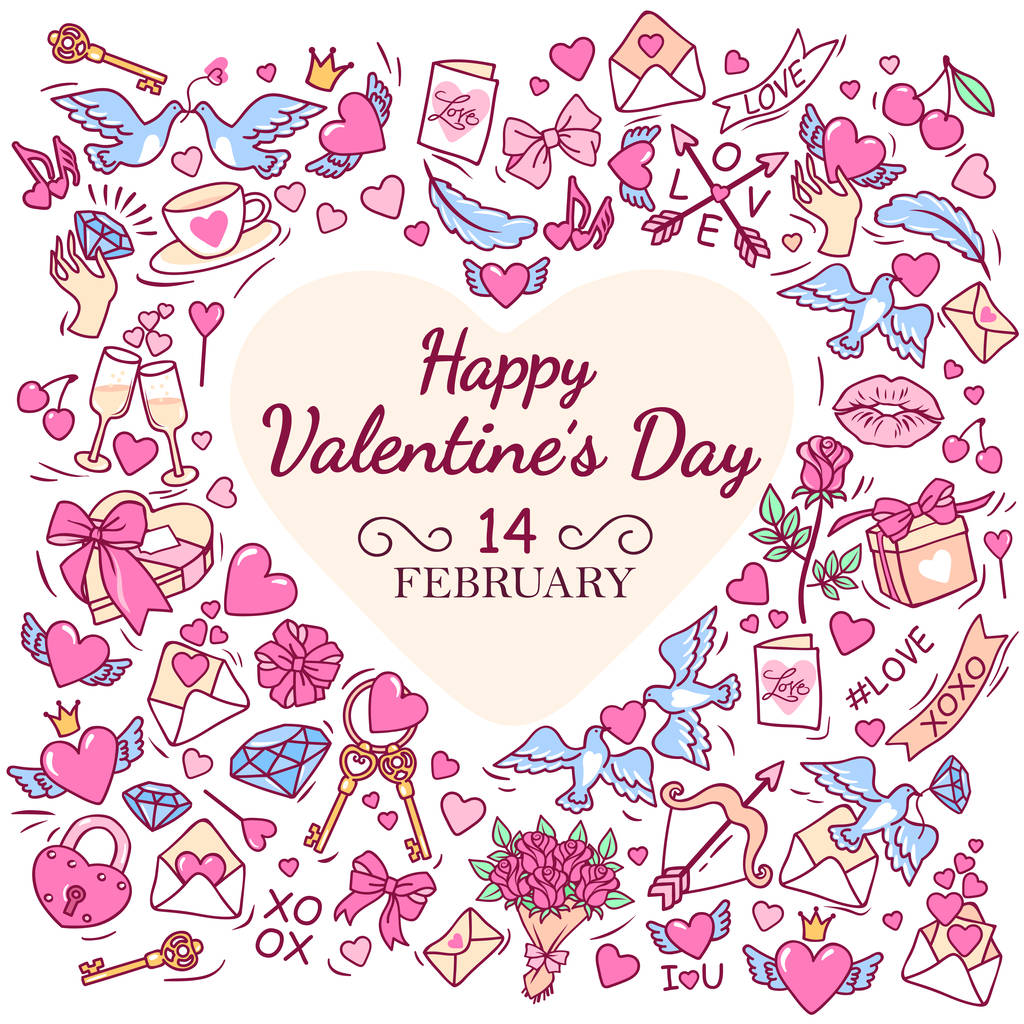 与心脏周围的浪漫符号贺卡