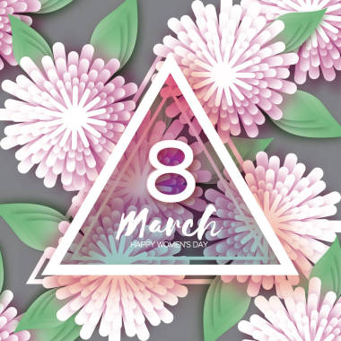 妇女节快乐。纸艺花。3 月 8 日。三角形框架