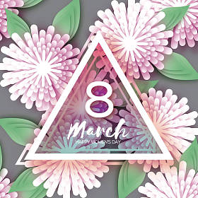 妇女节快乐。纸艺花。3 月 8 日。三角形框架