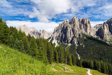 玫瑰园 (Catinaccio) 在夏天,在意大利多洛米蒂山的视图 玫瑰园 (Catinaccio) 在夏天,在意大利多洛米蒂山的视图