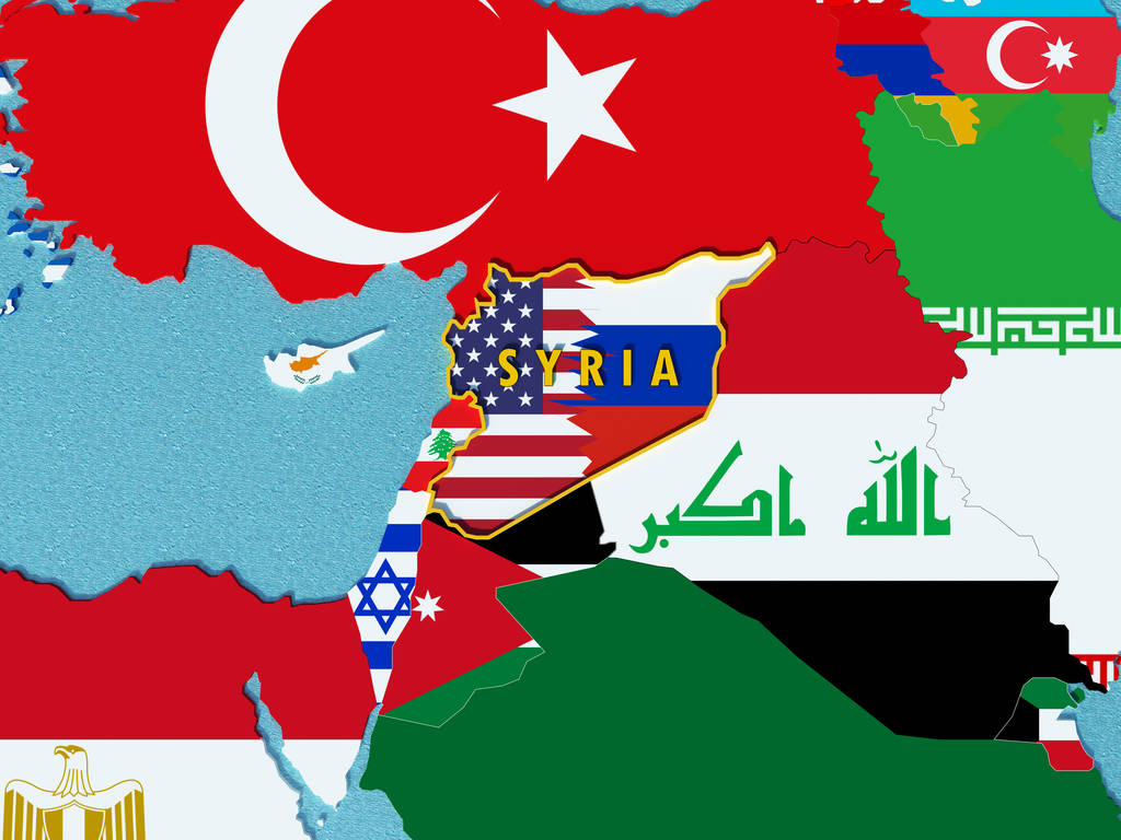 美国和俄罗斯的冲突局势在叙利亚和地图中的标志 美国和俄罗斯的冲突局势在叙利亚和地图中的标志