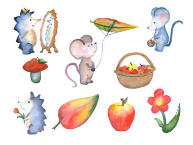 森林可爱的小动物秋天季节水彩插图，手绘的苗圃插图
