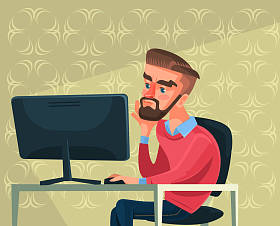 疲倦的人性格工作在笔记本电脑。矢量平面卡通插画