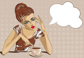 缔约方会议的咖啡，语音泡沫波普艺术肖像矢量插画风格无聊女人把钉