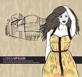 性感时尚女孩在城市背景上的素描样式。放置火炭