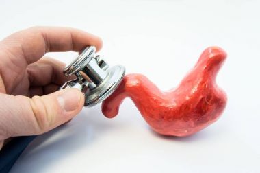 在他的醫(yī)生控股聽診器手和檢查胃，把頭靠在模型上的解剖形狀。為診斷、 檢測的癥狀、 定義和治療疾病，胃的概念照片