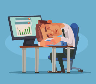 办公室工作人员人性格睡在工作场所。矢量平面卡通插画