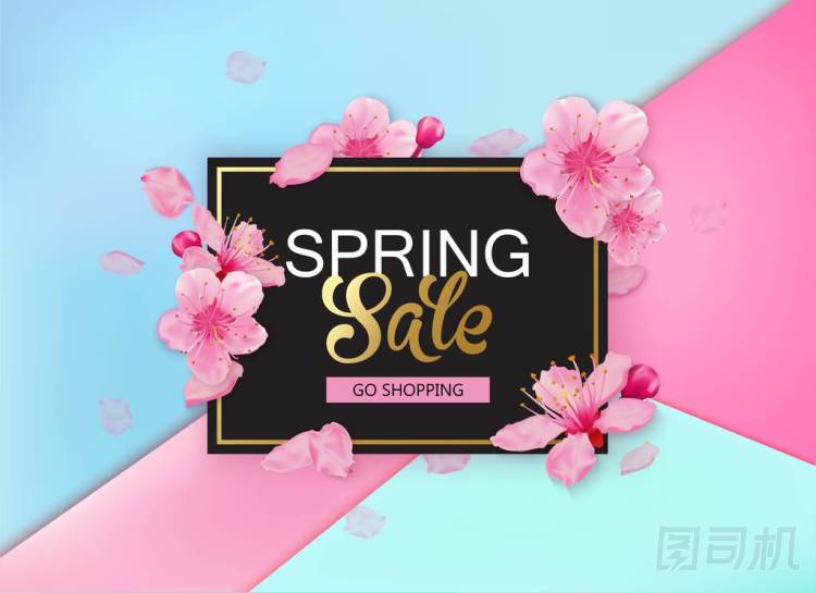 用鮮花的春天銷售背景。季節(jié)折扣橫幅設計與櫻花和花瓣
