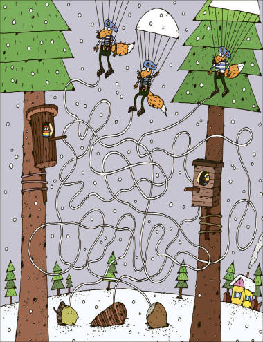 教育路径或迷宫游戏与松鼠伞兵的学龄前儿童的卡通插图