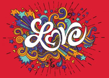 爱手刻字和涂鸦元素素描背景。Vecto