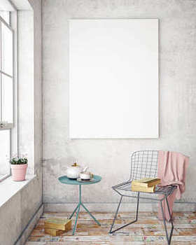 小样在时髦室内背景、 斯堪的纳维亚风格、 3d 渲染的海报帧