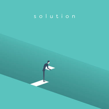 业务解决方案矢量概念与商人在深孔建座桥。业务创新、 克服的挑战和机遇的象