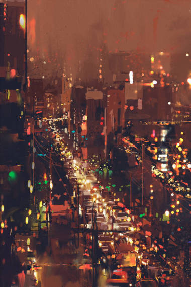 夜晚的景观，五彩缤纷的光芒的鸟瞰图