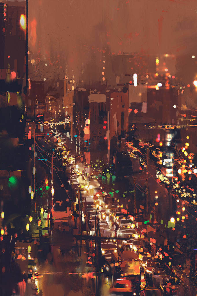夜晚的景观，五彩缤纷的光芒的鸟瞰图