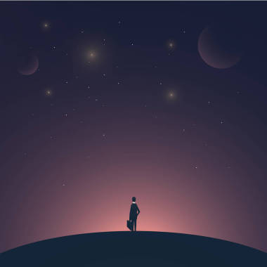 站在一顆行星和空間背景上的商人。商業(yè)上的成功，企業(yè)家，增長，啟動的象