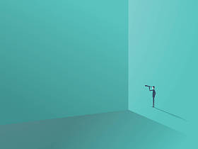 商人看单目大墙拐角。领导、 有远见的人和成功的商业符号