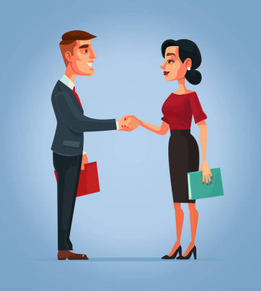 商人和女商人人物握手。矢量平面卡通插畫