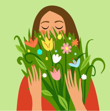 快樂(lè)的女孩，抱著一束鮮花