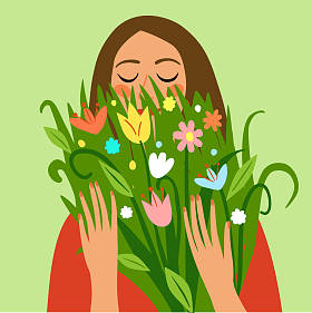 快乐的女孩，抱着一束鲜花