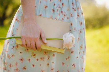 女性特写手在春天公园举行书。阅读概念背景 女性特写手在春天公园举行书。阅读概念背景