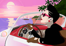 时髦的女士驾驶复古车.照片