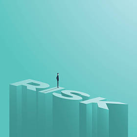 站在 word 风险在高度上的商人图。业务风险评估或管理矢量符号背景