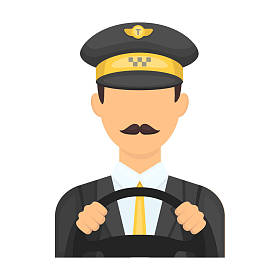 出租车司机戴着一顶帽子。男子驾驶的士车。的士站单个图标在卡通风格矢量符号股票图