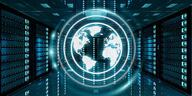 地球网络飞越服务器房间数据中心 3d 渲染