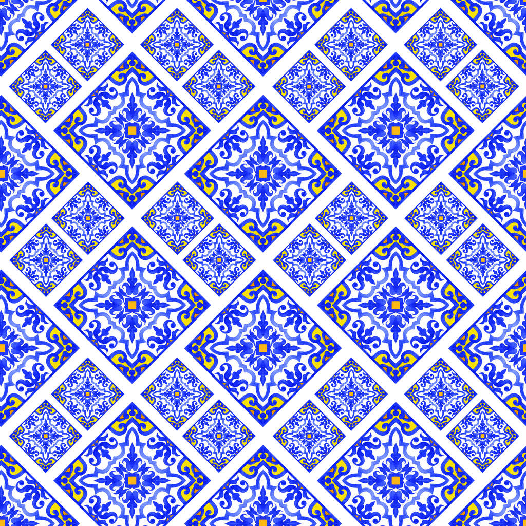 葡萄牙 azulejo 瓷砖。水彩的无缝模式
