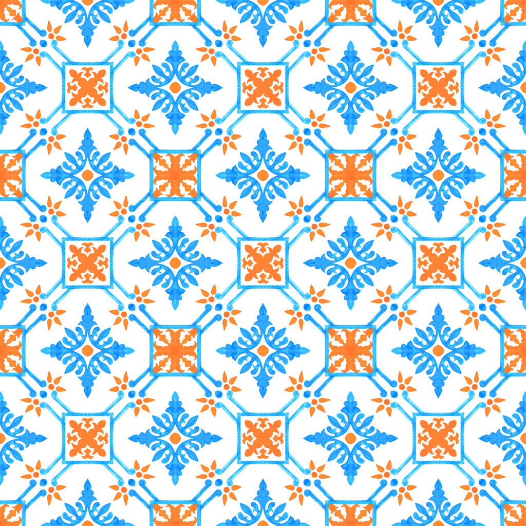 葡萄牙 azulejo 瓷砖。水彩的无缝模式 葡萄牙 azulejo 瓷砖。水彩的无缝模式