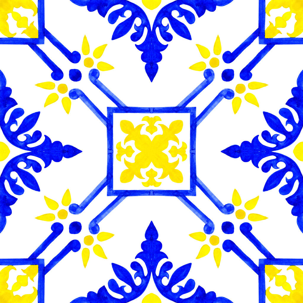 葡萄牙 azulejo 瓷砖。水彩的无缝模式
