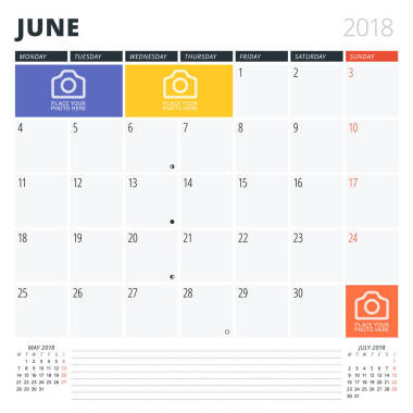 6 月 2018年的日歷日程備忘錄。打印設(shè)計模板。在周一的周開始。矢量圖。文具設(shè)計