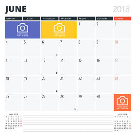 6 月 2018年的日历日程备忘录。打印设计模板。在周一的周开始。矢量图。文具设计
