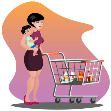 年輕的母親與兒子?jì)雰簩W(xué)步車(chē)在推超市購(gòu)物車(chē)裝滿了食品雜貨吊索