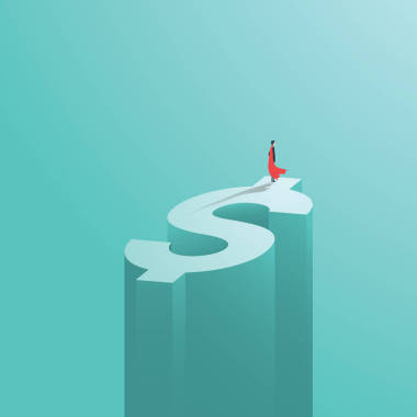 超级英雄商人站在美元货币符号上的超级大国。商业上的成功，力量和权力的象