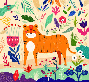 手畫的虎和花圖片