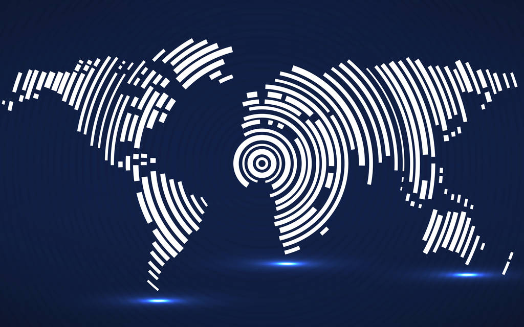 径向线，技术风格抽象的世界地图。矢量