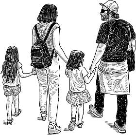 年轻的父母与他们的孩子去散步