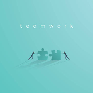 商人推着拼图游戏来完成它。团队合作概念向量符号.合作与协作的想法