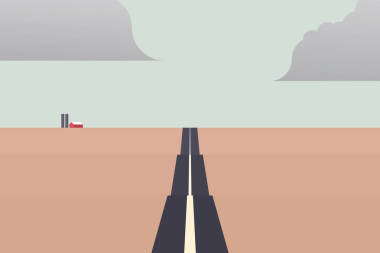 漫长的路，导致中心景观矢量与农场建设的地平线。简约的材料设计矢量概念与单调的色彩