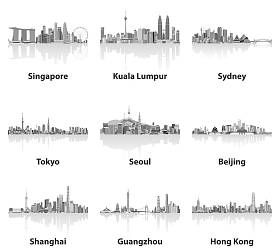 新加坡、 吉隆坡、 悉尼、 东京、 首尔、 北京、 上海、 广州和香港天际线的灰色鳞片调色板中的抽象矢量插图