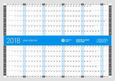 每年墙日历计划模板为 2018 年。矢量设计打印模板。每周从星期一开始