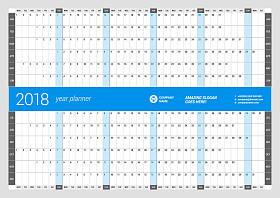 每年墙日历计划模板为 2018 年。矢量设计打印模板。每周从星期一开始