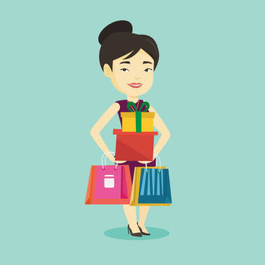 幸福的女人，拿著購(gòu)物袋，禮品盒