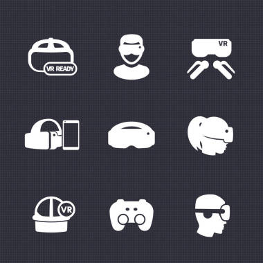 虚拟现实图标设置，Vr 准备好了，眼镜，游戏，矢量图