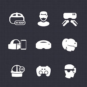 虚拟现实图标设置，Vr 准备好了，眼镜，游戏，矢量图